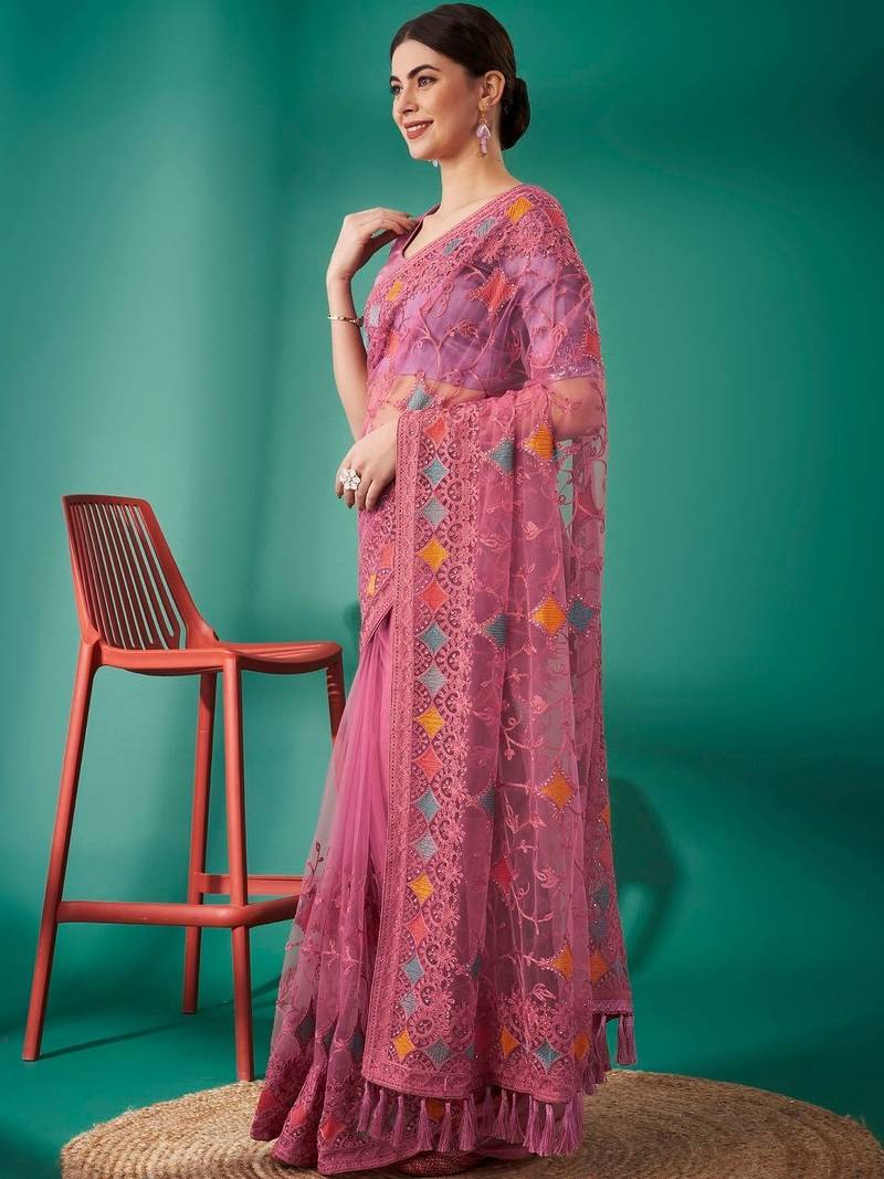 pink ethnic motifs embroidered net heavy work saree