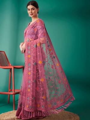 pink ethnic motifs embroidered net heavy work saree 2