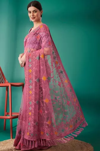 pink ethnic motifs embroidered net heavy work saree