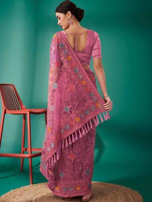 pink ethnic motifs embroidered net heavy work saree 3