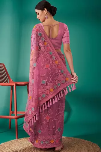 pink ethnic motifs embroidered net heavy work saree