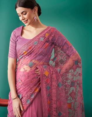 pink ethnic motifs embroidered net heavy work saree 4