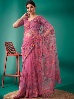 pink ethnic motifs embroidered net heavy work saree 5