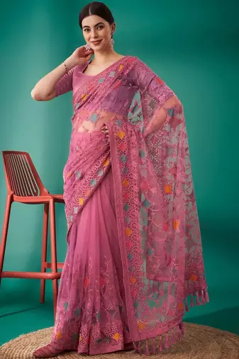 pink ethnic motifs embroidered net heavy work saree