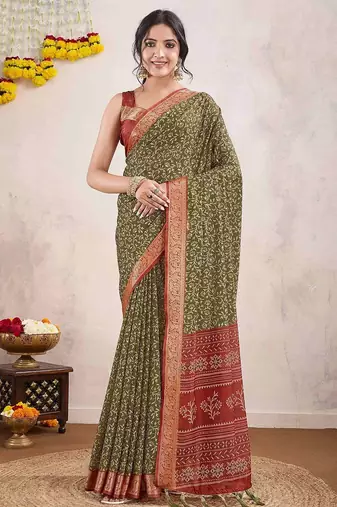 olive ajrak printed pure crepe dabu saree