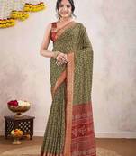 olive ajrak printed pure crepe dabu saree