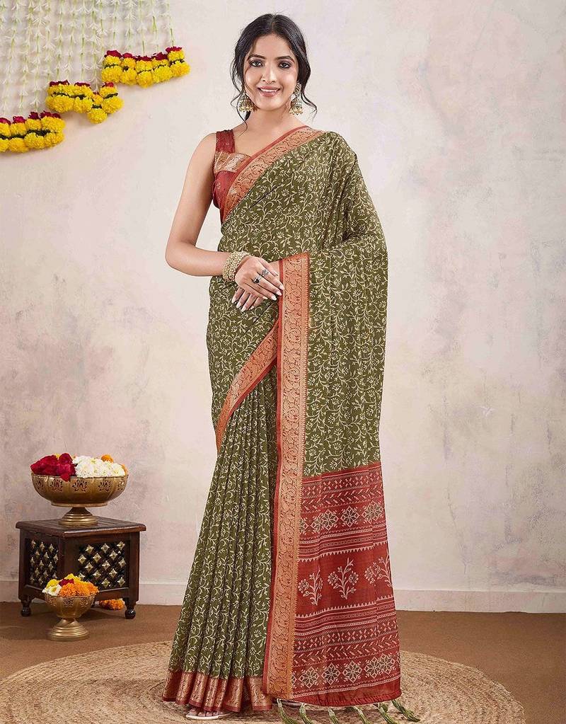 olive ajrak printed pure crepe dabu saree
