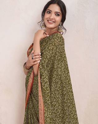 olive ajrak printed pure crepe dabu saree 2