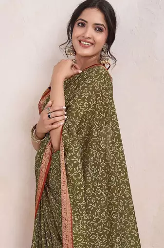 olive ajrak printed pure crepe dabu saree