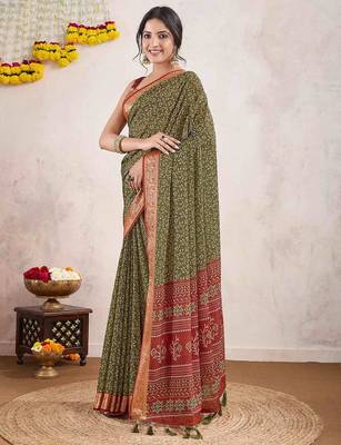 olive ajrak printed pure crepe dabu saree 3