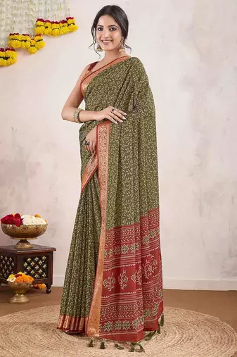olive ajrak printed pure crepe dabu saree
