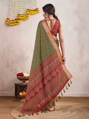 olive ajrak printed pure crepe dabu saree 4