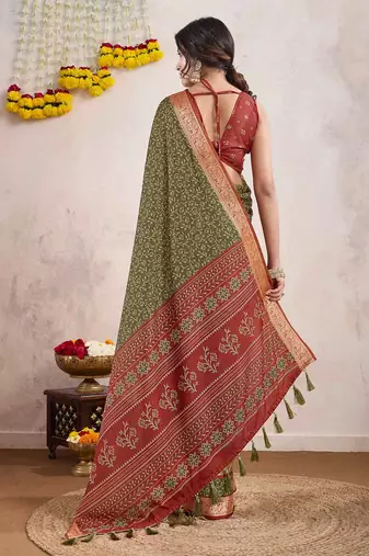 olive ajrak printed pure crepe dabu saree
