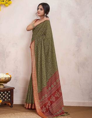 olive ajrak printed pure crepe dabu saree 5