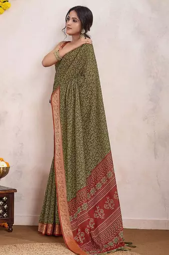 olive ajrak printed pure crepe dabu saree