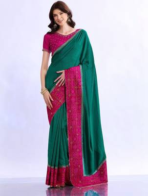 teal bandhani beads and stones silk blend bandhani saree 1