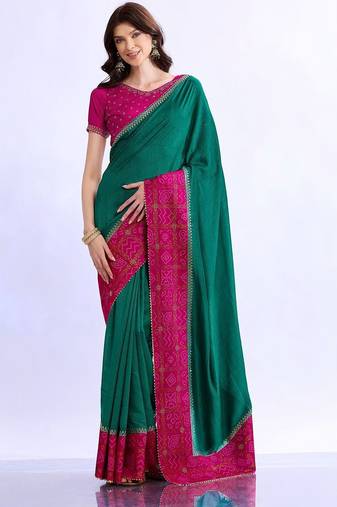 teal bandhani beads and stones silk blend bandhani saree