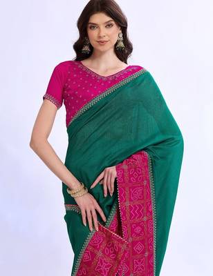 teal bandhani beads and stones silk blend bandhani saree 2