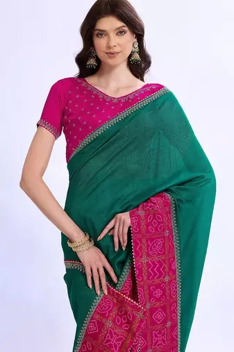 teal bandhani beads and stones silk blend bandhani saree