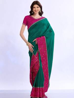 teal bandhani beads and stones silk blend bandhani saree 4