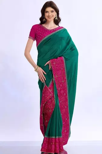 teal bandhani beads and stones silk blend bandhani saree