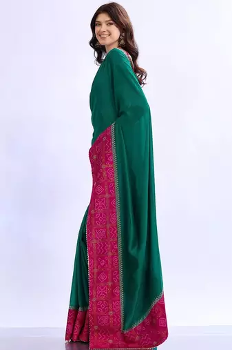 teal bandhani beads and stones silk blend bandhani saree