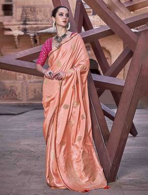 peach woven design zari saree 1