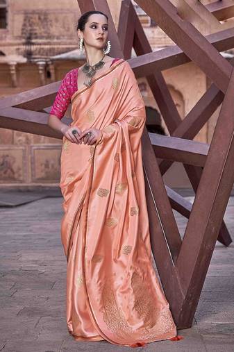 peach woven design zari saree