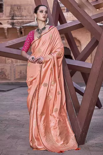 peach woven design zari saree