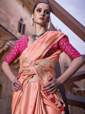 peach woven design zari saree 2