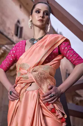 peach woven design zari saree