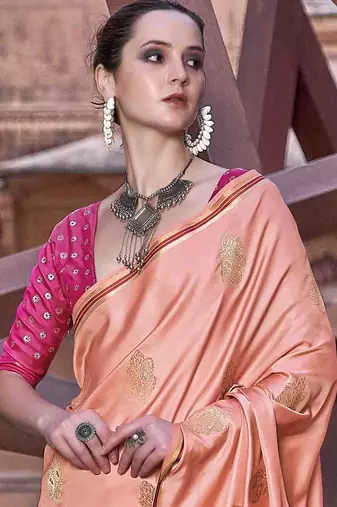 peach woven design zari saree