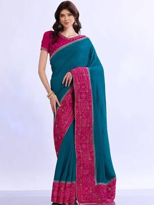 teal bandhani beads and stones silk blend bandhani saree 1