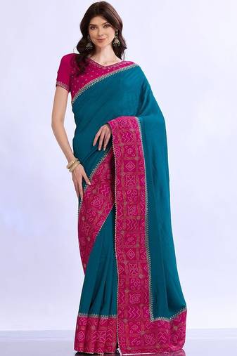 teal bandhani beads and stones silk blend bandhani saree