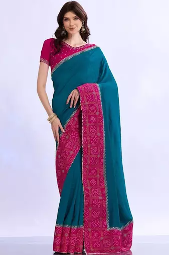 teal bandhani beads and stones silk blend bandhani saree