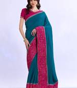 teal bandhani beads and stones silk blend bandhani saree