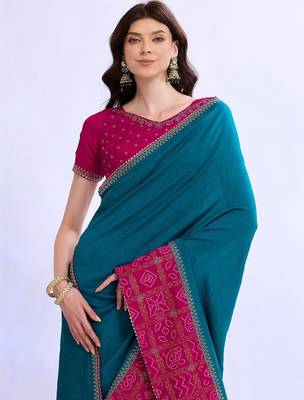 teal bandhani beads and stones silk blend bandhani saree 2