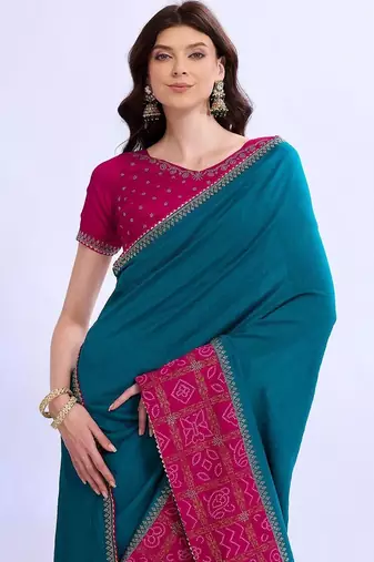 teal bandhani beads and stones silk blend bandhani saree
