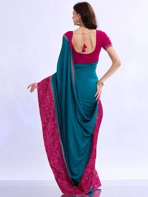 teal bandhani beads and stones silk blend bandhani saree 3