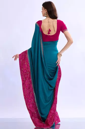 teal bandhani beads and stones silk blend bandhani saree