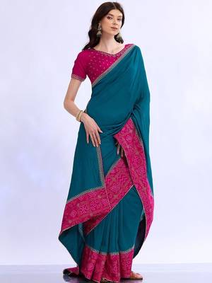 teal bandhani beads and stones silk blend bandhani saree 4