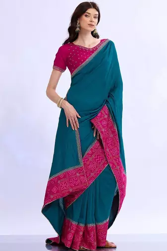 teal bandhani beads and stones silk blend bandhani saree