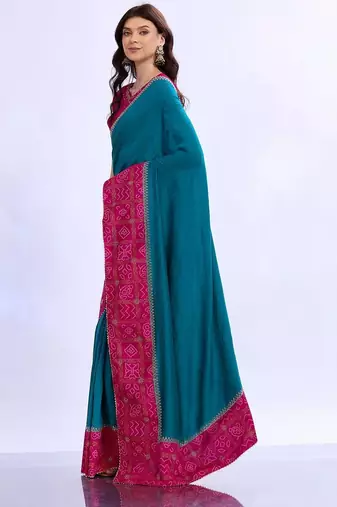 teal bandhani beads and stones silk blend bandhani saree