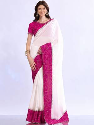 white bandhani beads and stones silk blend designer bandhani saree 1