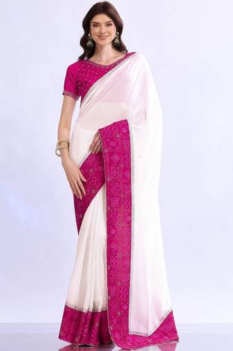 white bandhani beads and stones silk blend designer bandhani saree