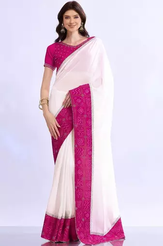 white bandhani beads and stones silk blend designer bandhani saree