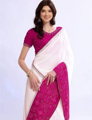 white bandhani beads and stones silk blend designer bandhani saree 2