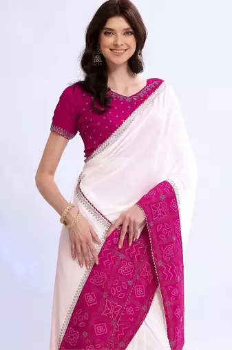 white bandhani beads and stones silk blend designer bandhani saree