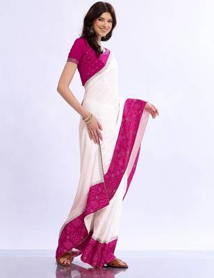 white bandhani beads and stones silk blend designer bandhani saree 4