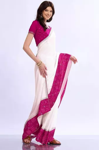 white bandhani beads and stones silk blend designer bandhani saree